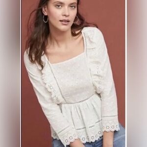 Anthropologie Meadow Rue Edelyn Top Size 4 Peplum Eyelet Ruffle Romantic Cream